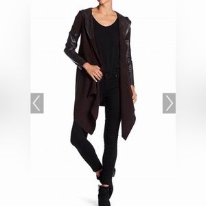 Blank NYC Black Faux Leather Trim Hood Cardigan Sweater